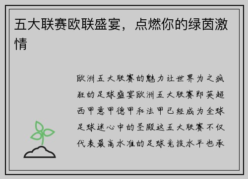 五大联赛欧联盛宴，点燃你的绿茵激情