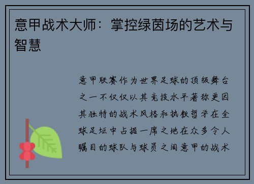 意甲战术大师：掌控绿茵场的艺术与智慧