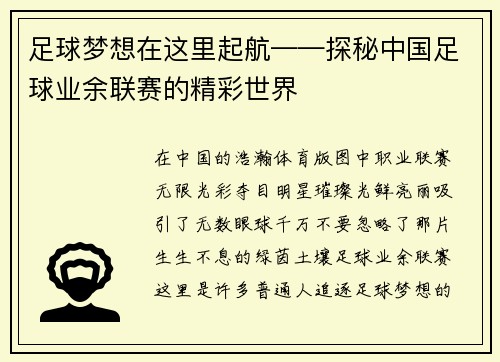 足球梦想在这里起航——探秘中国足球业余联赛的精彩世界