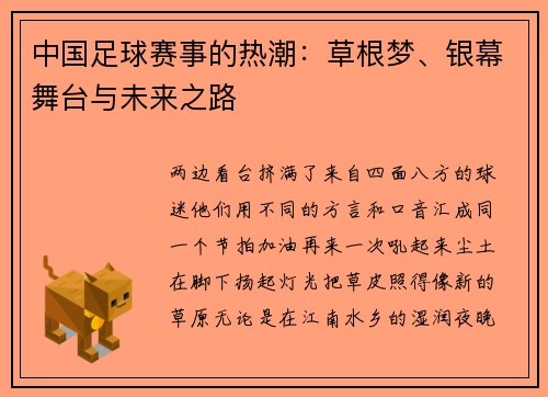 中国足球赛事的热潮：草根梦、银幕舞台与未来之路