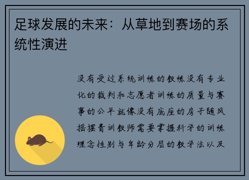 足球发展的未来：从草地到赛场的系统性演进